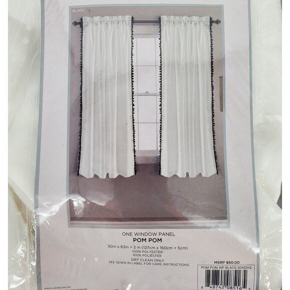 Lush Decor Pom Pom 50" x 63" Rod Pocket Window Curtain, 1 Panel in Black/White - Picture 6 of 7